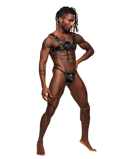 Male Power Libra PU Leather Chest Harness Black on a confident male model showcasing edgy style.