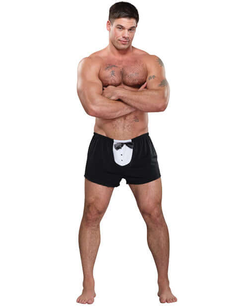 For The Guy Who Has No Reservations Boxer Black worn by a muscular man showcasing tuxedo design.