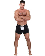 For The Guy Who Has No Reservations Boxer Black worn by a muscular man showcasing tuxedo design.