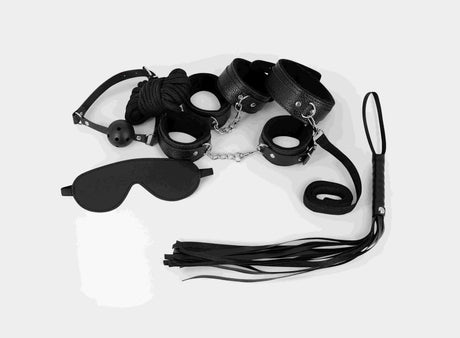 Male Power 7 Pack Lite Bondage Set Fetish Kit including cuffs, blindfold, and whip for restraint play.