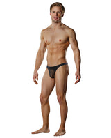 Male Power Sheer Nylon Lycra Pouch Thong Black L XL model showcasing stylish men's underwear