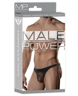 Male Power Sheer Nylon Lycra Pouch Thong Black L XL packaging showcasing stylish men's underwear.