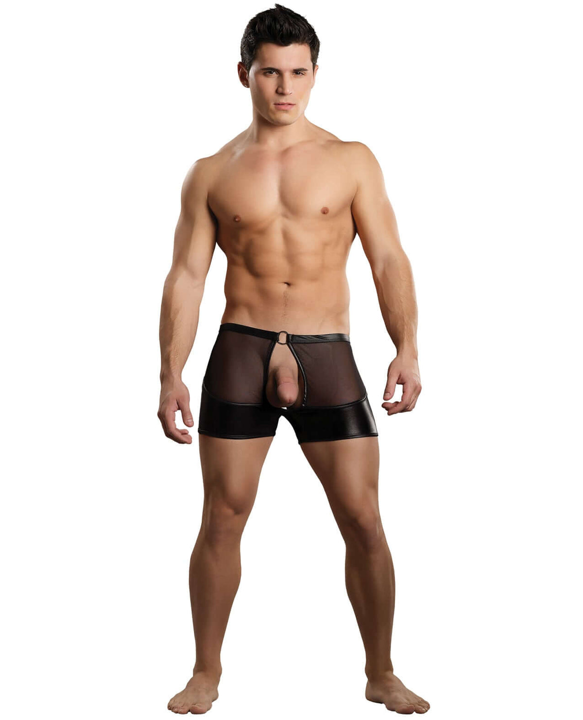 Male Power Extreme Double Exposure Short Black worn by a muscular man showcasing revealing design and metal ring detail.