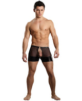Male Power Extreme Double Exposure Short Black worn by a muscular man showcasing revealing design and metal ring detail.