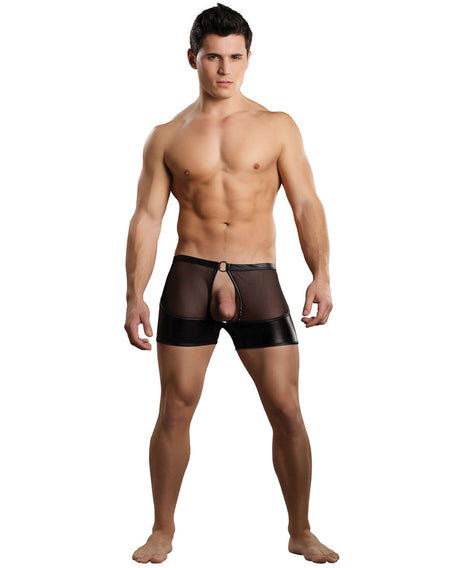 Male Power Extreme Double Exposure Short Black worn by a muscular man showcasing revealing design and metal ring detail.