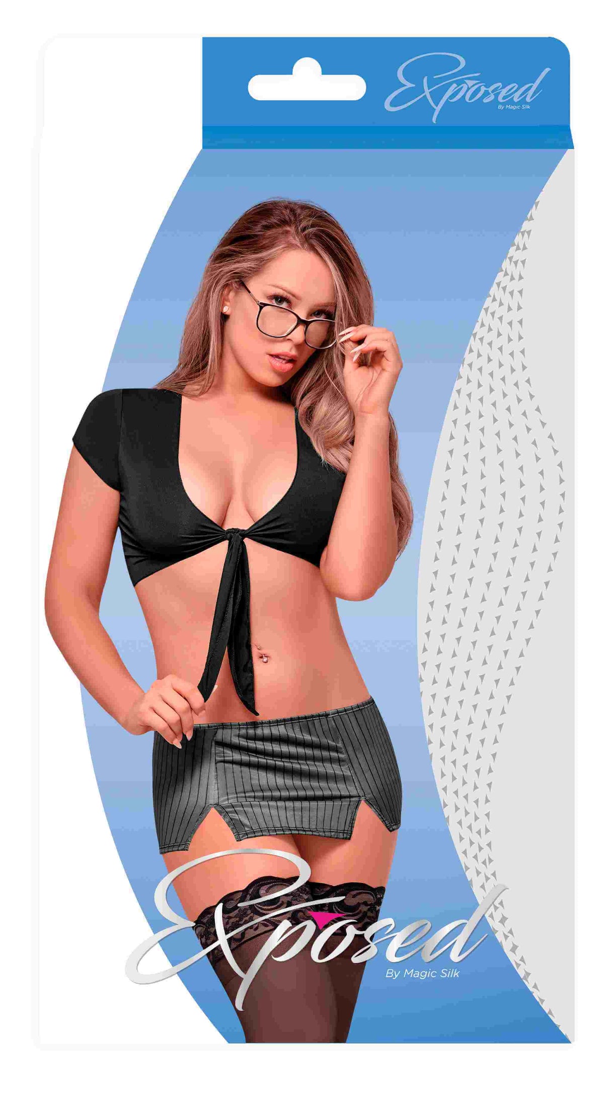 Magic Silk Very Private Secretary Costume Black Large packaging displaying a model wearing a black top and grey pinstriped skirt.