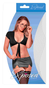 Magic Silk Very Private Secretary Costume Black Large packaging displaying a model wearing a black top and grey pinstriped skirt.
