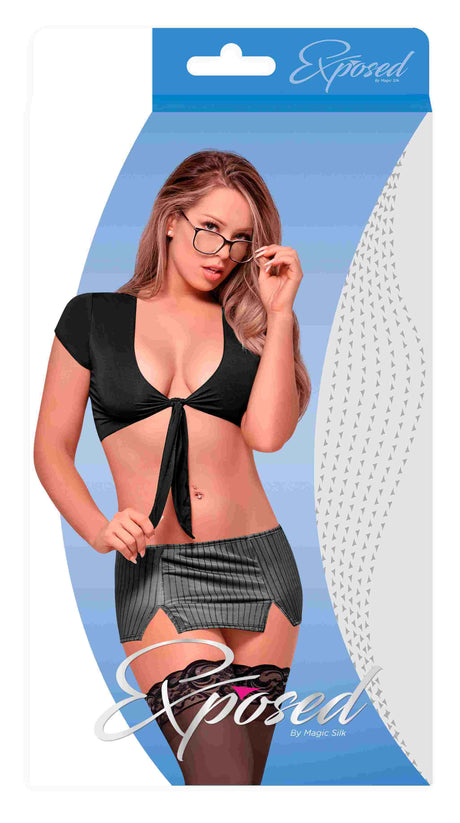 Magic Silk Very Private Secretary Costume Black Large packaging displaying a model wearing a black top and grey pinstriped skirt.