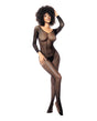 Long Sleeved All Over Fishnet Body Stocking Black OS modeling the sleek fishnet design for a seductive look.