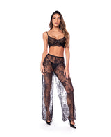 Mapale Lace Bra Wide Leg Pants Thong 3 pc Set Black