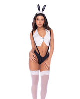 Mapale Sexy Bunny 3 Piece Lingerie Set Black White model wearing bunny costume with ears and stockings