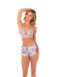 Lace Bralette with Satin Floral Shorts Silver Bloom L XL featuring delicate lace and floral satin shorts modelled elegantly.
