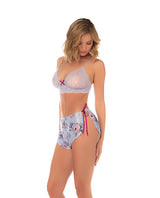 Lace Bralette with Satin Floral Shorts Silver Bloom L XL showcased on a model, featuring delicate lace and floral satin shorts.