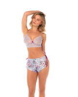 Mapale Lace Bralette Satin Floral Shorts Silver Bloom model wearing lingerie set with lace bralette and floral shorts.