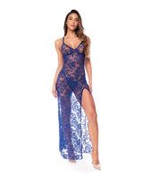 Mapale Sheer Lace Maxi Dress Royal Blue L XL displayed on model, showcasing elegant sheer lace design with a high slit.