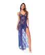 Mapale Sheer Lace Maxi Dress Royal Blue L XL displayed on model, showcasing elegant sheer lace design with a high slit.