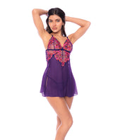 Mapale Floral Embroidered Mesh Babydoll & Thong Orchid L XL featuring floral embroidery in rich orchid tone.