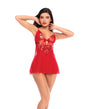 Mapale Sheer Mesh Embroidered Babydoll Thong Red L XL showcased on a model, featuring delicate embroidery and a seductive fit.