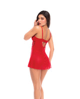 Mapale Sheer Mesh Embroidered Babydoll Thong Red L XL worn from the back, showcasing its alluring design and embroidered details.