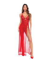 Mapale Dotted Lace Mesh Maxi Dress Thong Red L XL displayed on a model showcasing its elegant design and high side slit.