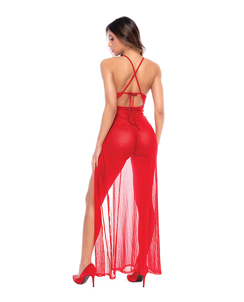 Mapale Dotted Lace Mesh Maxi Dress Thong Red L XL featuring a high slit and strappy back design.