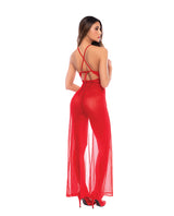 Mapale Dotted Lace Mesh Maxi Dress Slit Thong Red S M showcasing a model from the back, highlighting its high side slit and sheer design.