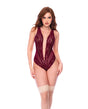 Mapale Lace Mesh Open Back Teddy Burgundy S M featured on a model, showcasing its plunging neckline and lace details.
