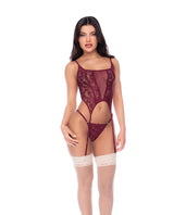 Mapale Sheer Lace Mesh Top Garter Thong Set Burgundy featuring delicate lace and mesh design.