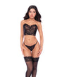 Mapale Strapless Lace Bustier Peek-a-Boo Thong Set Black on a model showcasing seductive lace design.
