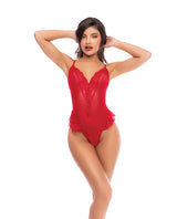 Mapale Dotted Lace Mesh Open Crotch Teddy Red L XL featuring sheer mesh and dotted lace for a daring look.