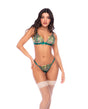 Model showcasing Mapale Sheer Floral Bra & Thong Set Aurora Green with floral embroidery and sheer fabric.