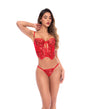 Sequin Embroidered Lace Bustier & Thong Set Red S M worn by a model showcasing its romantic and bold design.