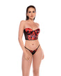 Mapale Strapless Mesh Bustier Thong Set Black Red L XL worn by a model showcasing its stylish design and flattering silhouette.