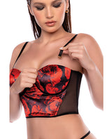 Mapale Strapless Mesh Bustier Thong Set Black Red L XL model showcasing floral design and sheer paneling details.