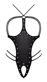 Lust Fetish Medusa Cupless Crotchless Teddy Black S/M featuring a daring design with studs and tie closure.