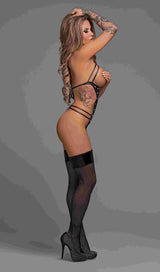 Lust Fetish Medusa Cupless Crotchless Teddy Black S/M styled with fishnet stockings and stiletto heels, showcasing provocative design.