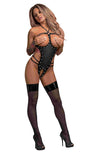 Lust Fetish Medusa Cupless Crotchless Teddy Black S/M showcasing provocative design with wet-look fabric and strappy accents.