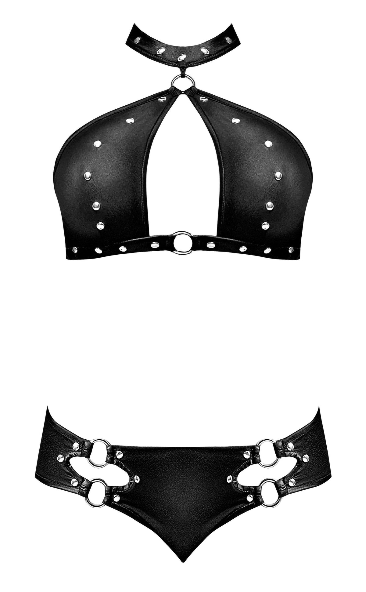 Lust Fetish Juno Black Bra and Shorts Set L/XL featuring edgy choker bra and cutout mini shorts with stud and ring detailing.