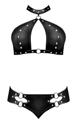 Lust Fetish Juno Black Bra and Shorts Set L/XL featuring edgy choker bra and cutout mini shorts with stud and ring detailing.