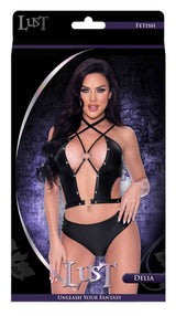 Lust Fetish Delia Tank and Shorts Set Black S/M displayed on model, featuring criss-cross design and leather-look.