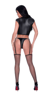 Lust Fetish Rhea Black Zippered Garter Thong Set showcasing bold faux-leather lingerie with zippered garter and strappy top.