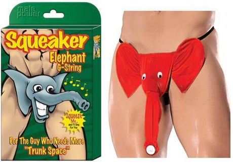 Male Power Novelty Squeaker Elephant G-string in a package with an elephant design on the underwear.