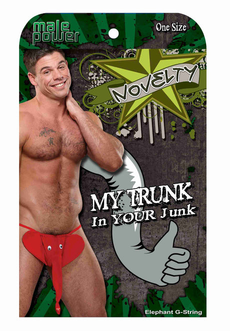 Male Power Novelty Squeaker Elephant G-string packaging with model showcasing playful design.