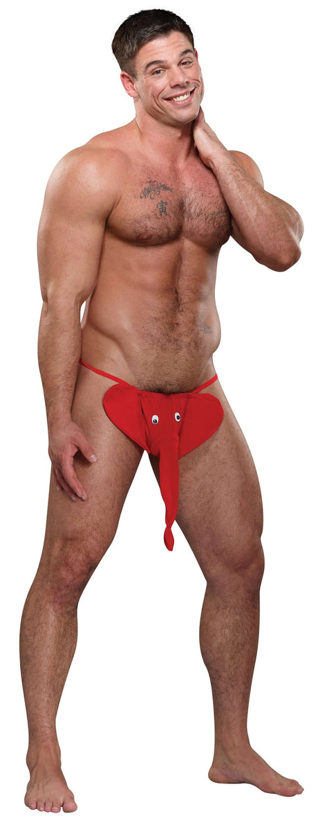 Male Power Novelty Squeaker Elephant G-string worn by a man, featuring playful elephant design and vibrant color.
