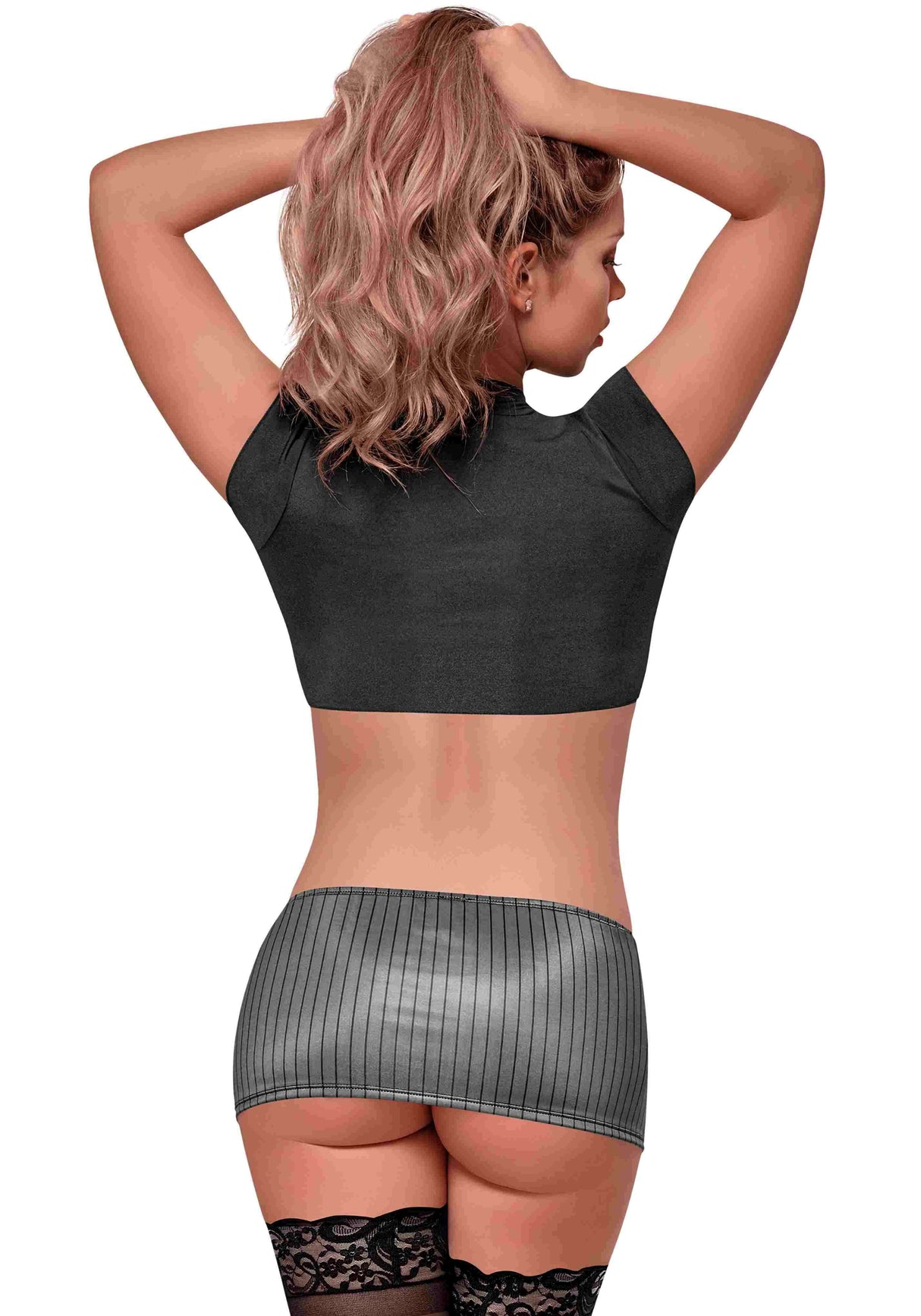 Magic Silk Very Private Secretary Costume Black Large, back view of model in black top and grey pinstriped mini skirt.