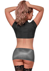 Magic Silk Very Private Secretary Costume Black Large, back view of model in black top and grey pinstriped mini skirt.