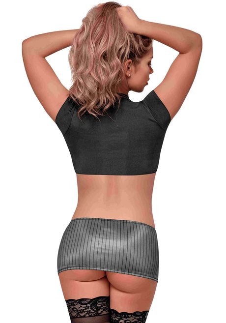 Magic Silk Very Private Secretary Costume Black Large, back view of model in black top and grey pinstriped mini skirt.