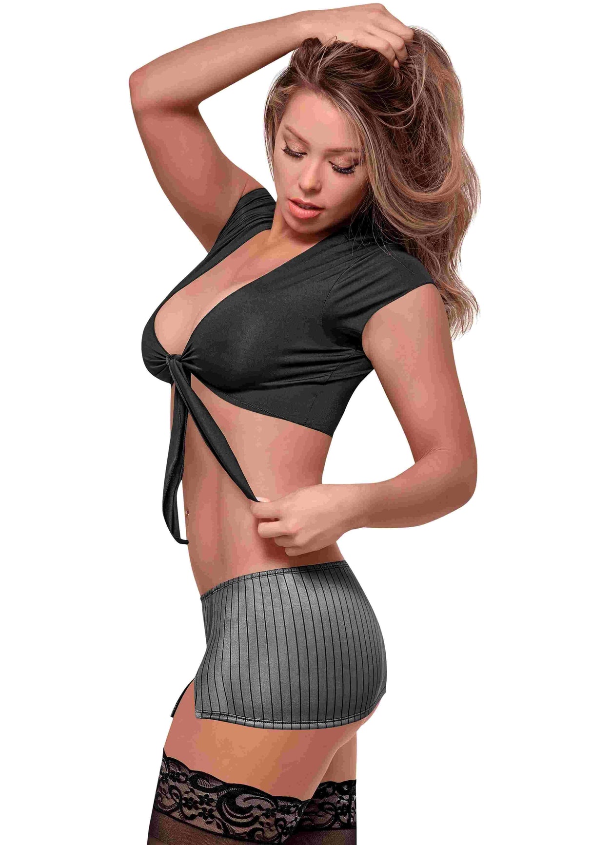 Magic Silk Very Private Secretary Costume Black Large featuring a tying top and micro mini skirt with pinstripes.