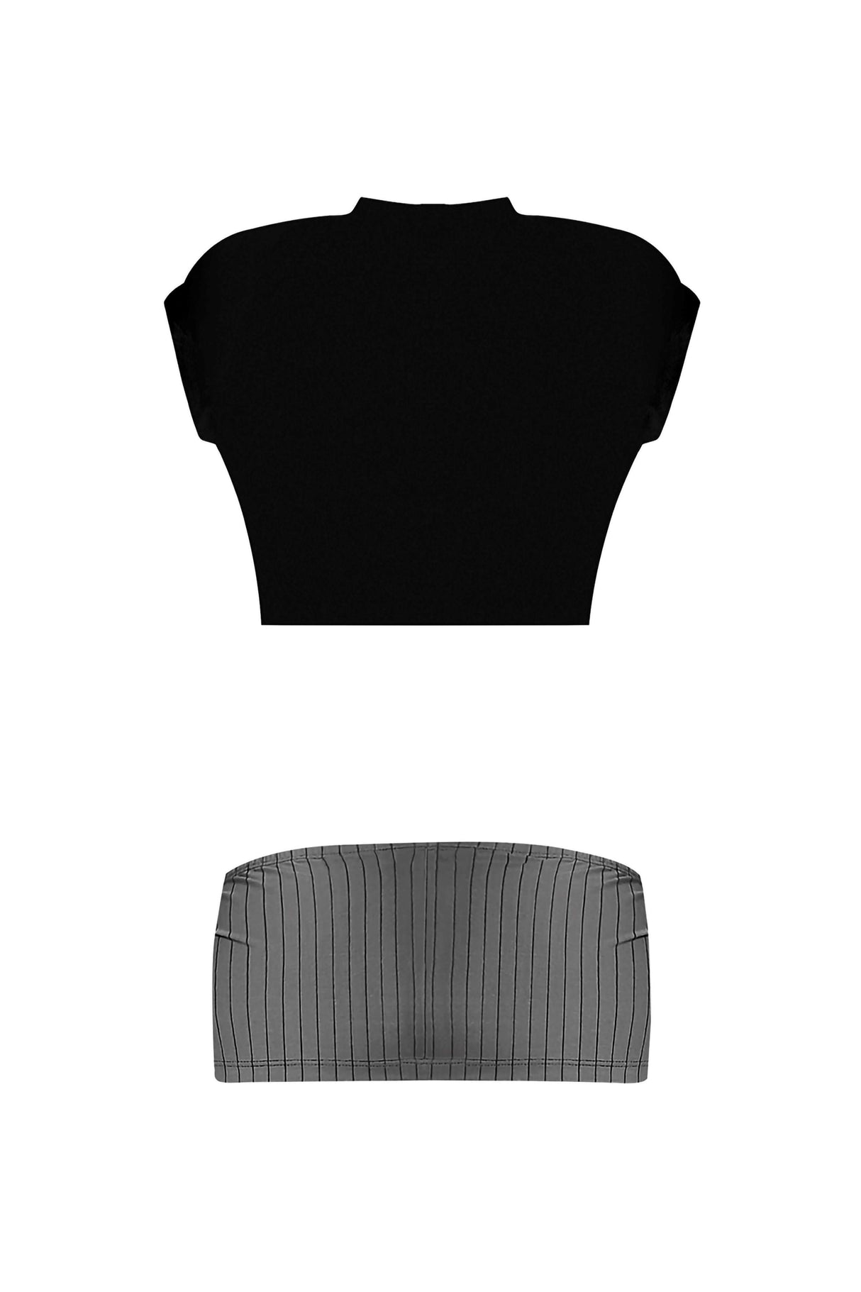 Magic Silk Very Private Secretary Costume Black Large top and bottom view of black and grey pinstriped pieces.