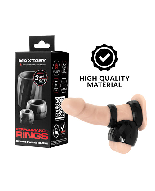 Maxtasy Performance Rings Black Set of 3 with packaging and rings showcased on display.